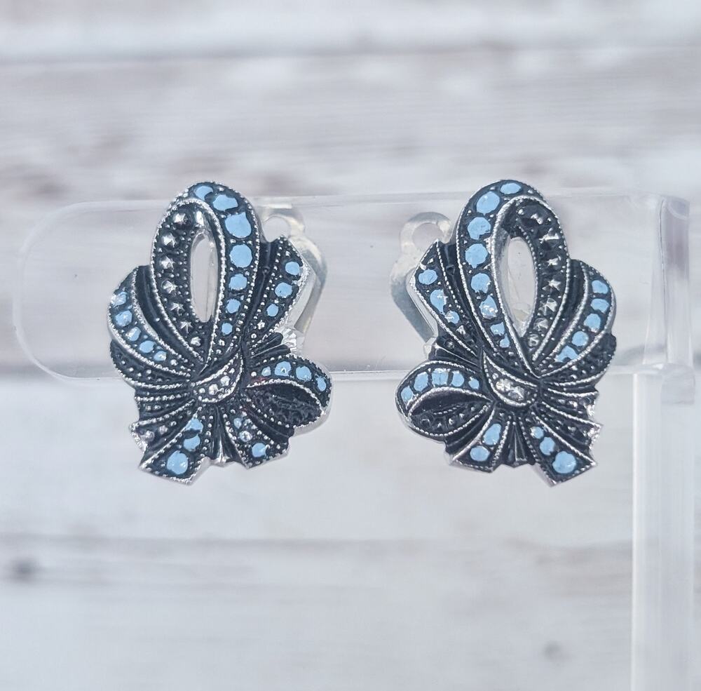 Vintage Clip On Earrings Stunning Statement Silver Tone, Black, Blue